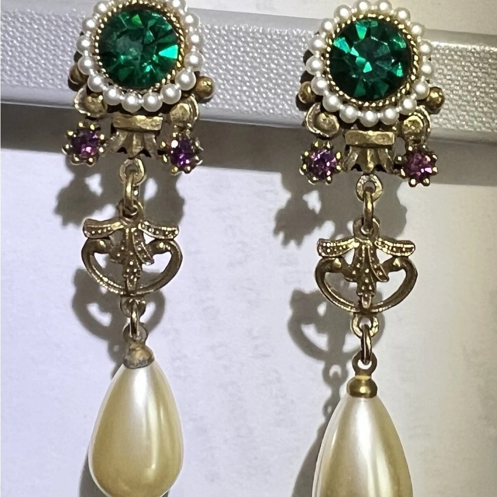 Coro Gold-Tone Emerald, Purple & Cream Drop Earrings